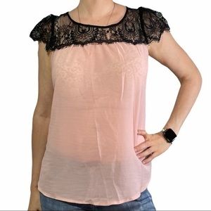 RUE21 Pink Sheer Black Lace Blouse Medium
